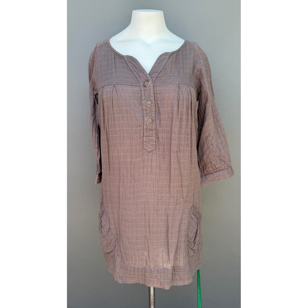 Gauze Henley Tunic Dress Large Brown 3/4 Roll Tab Sleeve Pockets Boho Mini